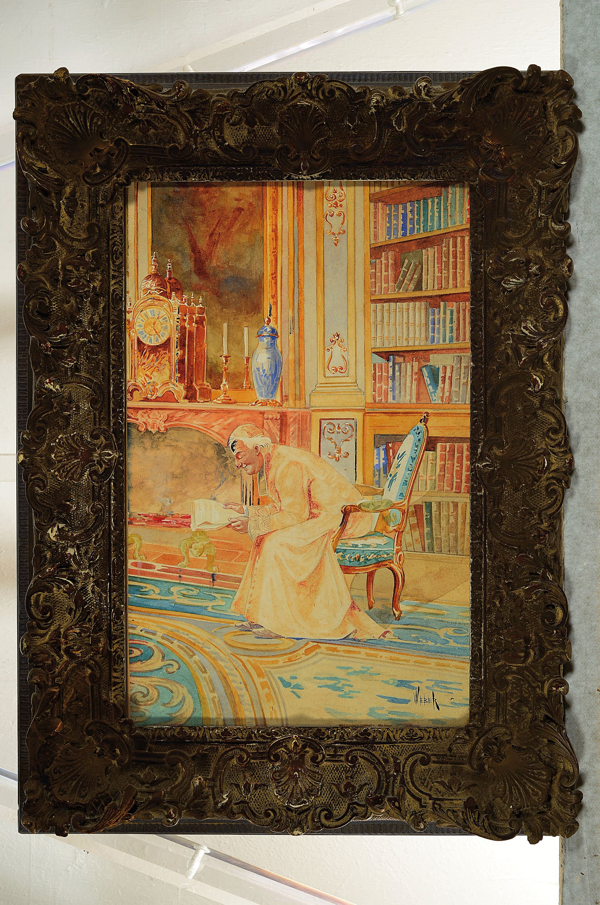 Detail k: Alfred Weber, 1859 - 1931, herrschaftliches Bibliotheks-Interieur, Kardinal beim Lesen, Aquarell/Papier, rechts unten signiert, ca. 37x24 cm, ...