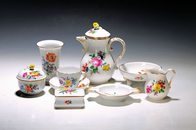 Image 26765607 - Mocha service, Meissen, 20th century, porcelain, floral painting, mostly bouquet, mocha pot, sugar bowl, cream jug, six cups with saucers, small Vase, small lidded box, bowl and ashtray, a few items of 2nd choice
