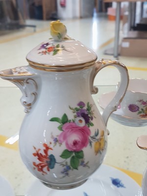 26765607e - Mocha service, Meissen, 20th century, porcelain, floral painting, mostly bouquet, mocha pot, sugar bowl, cream jug, six cups with saucers, small Vase, small lidded box, bowl and ashtray, a few items of 2nd choice