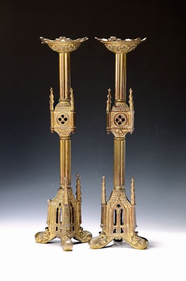 Image 26765609 - Pair of candlesticks, France, around 1880, gold-plated brass, height 49 cm, without thorn, one decoration broken off, traces of age