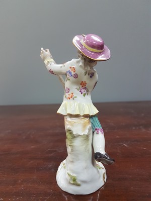 26765613c - Porcelain figure, Meissen, early 20th century, on staff and hat slightly dam., porcelain, colorfully painted, gold decoration, height approx. 11.5 cm