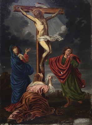 Image 26765622 - Unidentified master of the 17th century, dated 1675, crucifixion, restored and surface damage, right below barely legible signed and dated Latin #"Franciscus Hallebeyer#" (?), unframed 87x64 cm