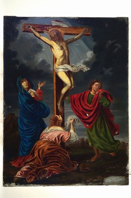 26765622k - Unidentified master of the 17th century, dated 1675, crucifixion, restored and surface damage, right below barely legible signed and dated Latin #"Franciscus Hallebeyer#" (?), unframed 87x64 cm