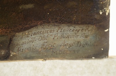 26765622l - Unidentified master of the 17th century, dated 1675, crucifixion, restored and surface damage, right below barely legible signed and dated Latin #"Franciscus Hallebeyer#" (?), unframed 87x64 cm