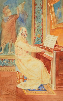 Image 26765623 - Alfred Weber, 1859 - 1931, stately interior, cardinal at the harmonium, watercolor/paper, signed on the right difficult to read, approx.38x25 cm, under glass, pomp frame 50x38 cm