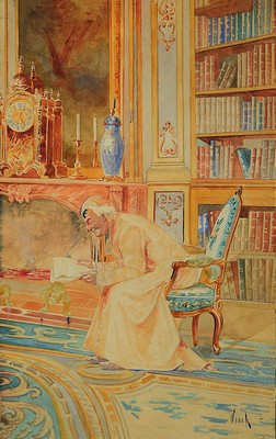 Image 26765624 - Alfred Weber, 1859 - 1931, stately library interior, cardinal reading, watercolor/paper, signed lower right, approx. 37x24 cm, pomp frame 50x36 cm, under glass