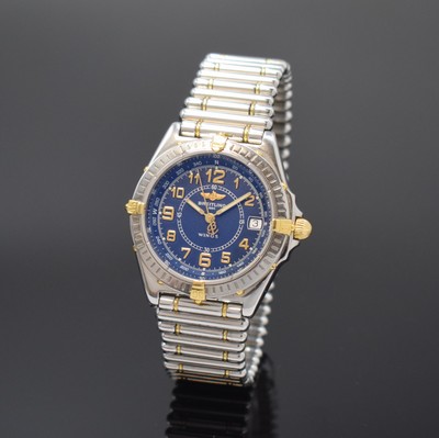 Image 26765634 - BREITLING gents wristwatch series Wings, Switzerland around 1998, quartz, reference B66050, partial gold-plated stainless steel case including original bracelet with butterfly buckle, screwed down case back, sapphire crystal with anti-reflective treatment, bezel with 60-minutes graduation unidirectional revolving, blue dial with Arabic numerals, luminous hands, date, diameter approx. 39 mm, Breitling service box and 3 additional bracelet elements enclosed, date circuit defect/has to be repaired, condition 2