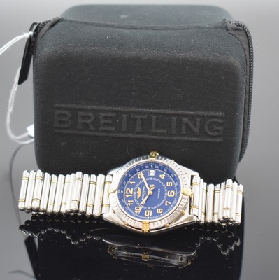 26765634e - BREITLING gents wristwatch series Wings, Switzerland around 1998, quartz, reference B66050, partial gold-plated stainless steel case including original bracelet with butterfly buckle, screwed down case back, sapphire crystal with anti-reflective treatment, bezel with 60-minutes graduation unidirectional revolving, blue dial with Arabic numerals, luminous hands, date, diameter approx. 39 mm, Breitling service box and 3 additional bracelet elements enclosed, date circuit defect/has to be repaired, condition 2