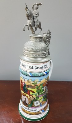 26765921a - Reservist jug 2nd Ulan.-Regt. King 3rd Esk. Ansbach, 1912-15, porcelain, lithophane in the base, tin lid, height approx. 32 cm, slight hairline cracks in the base Valuation Price: 5214, - EUR
