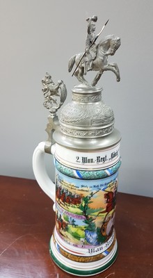 26765921c - Reservist jug 2nd Ulan.-Regt. King 3rd Esk. Ansbach, 1912-15, porcelain, lithophane in the base, tin lid, height approx. 32 cm, slight hairline cracks in the base Valuation Price: 5214, - EUR