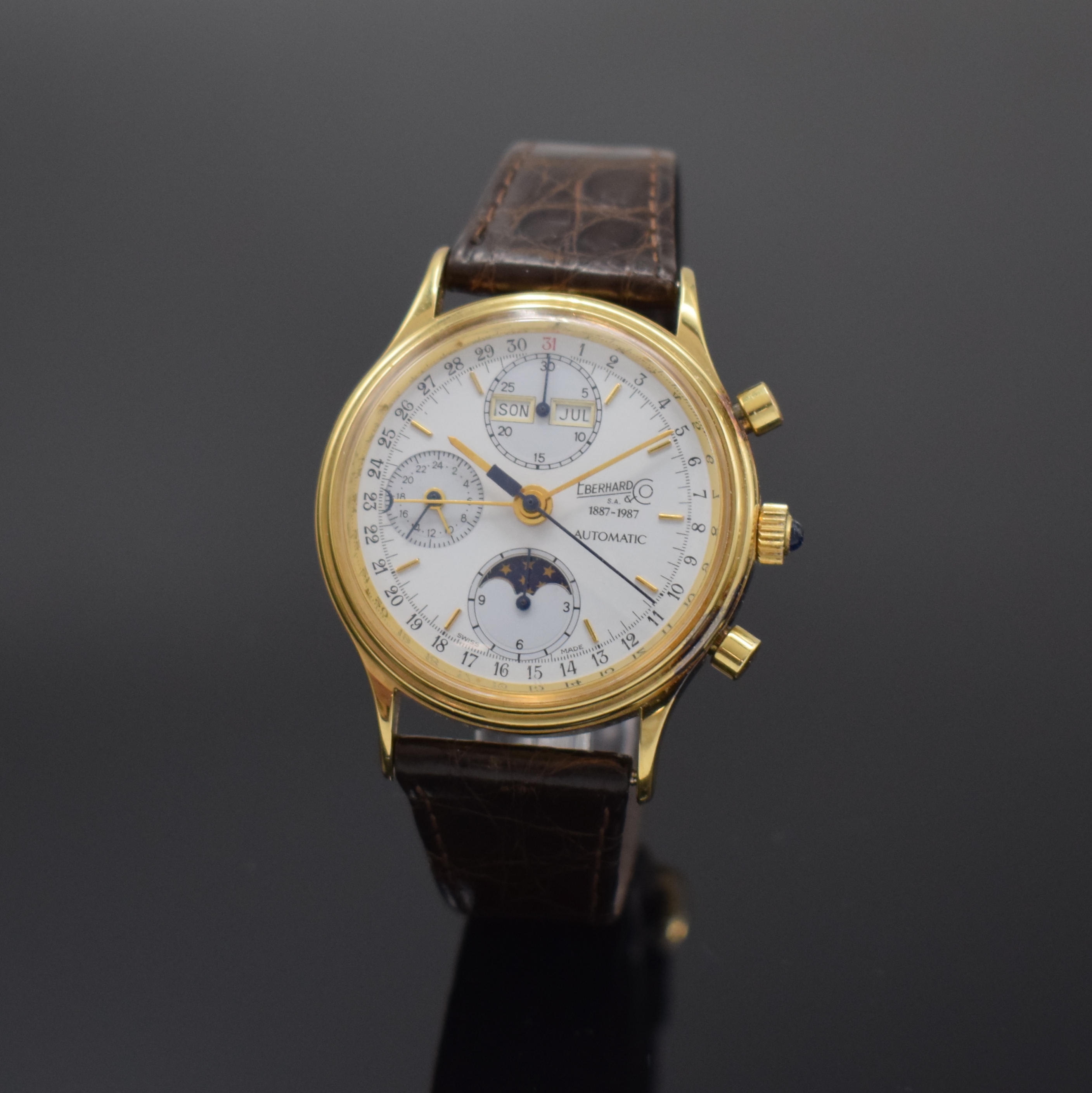 EBERHARD & CO auf 699 Stück limitierter Armbandchronograph mit Kalender, Schweiz 1987, Automatik, verg. Geh., Stahlboden verschr., Korrekturdr. ...