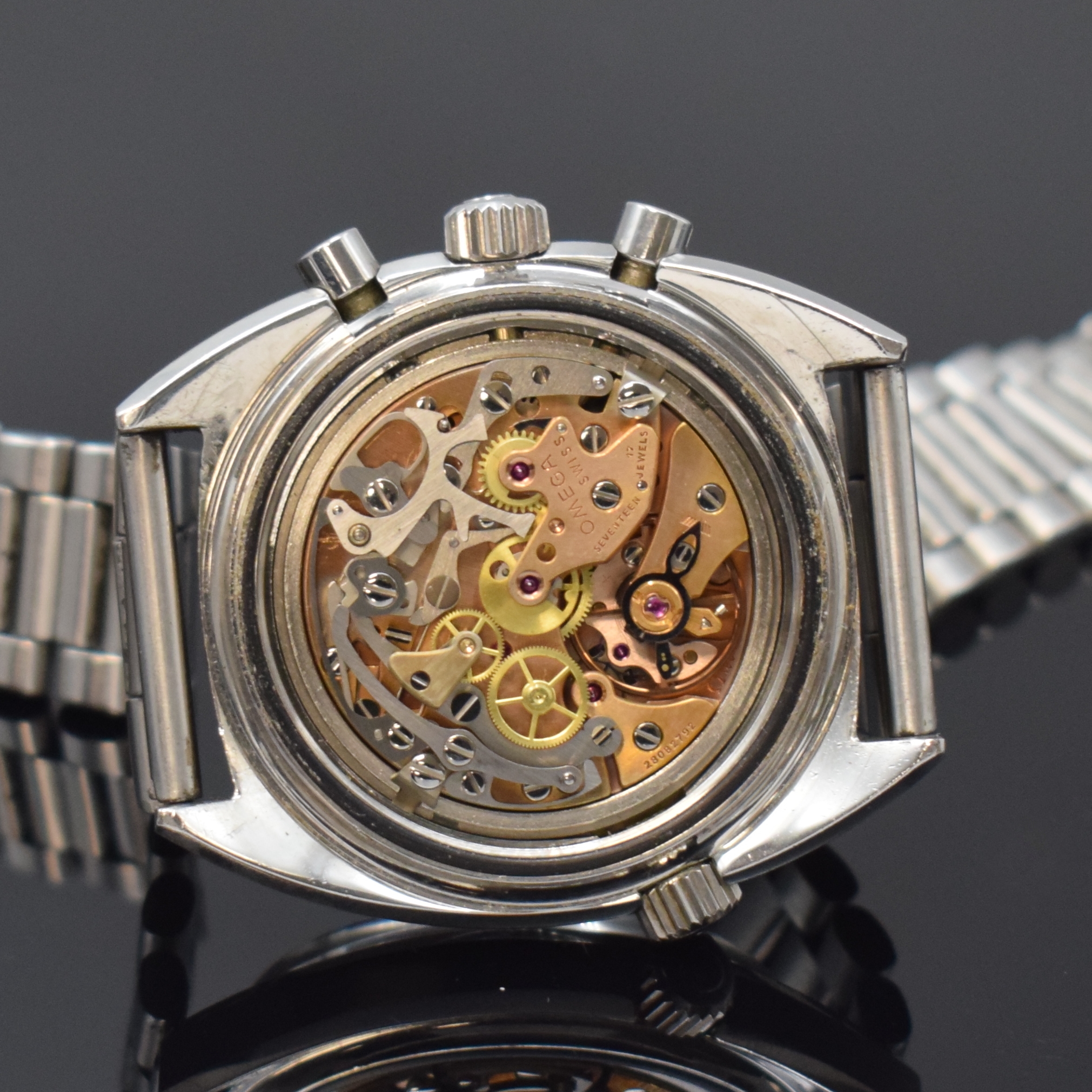 Detail f: OMEGA Herrenchronograph Seamaster "Soccer Timer" in Stahl Referenz 145.019, Schweiz um 1969, Handaufzug, Boden m. Seamasterlogo verschr., ...