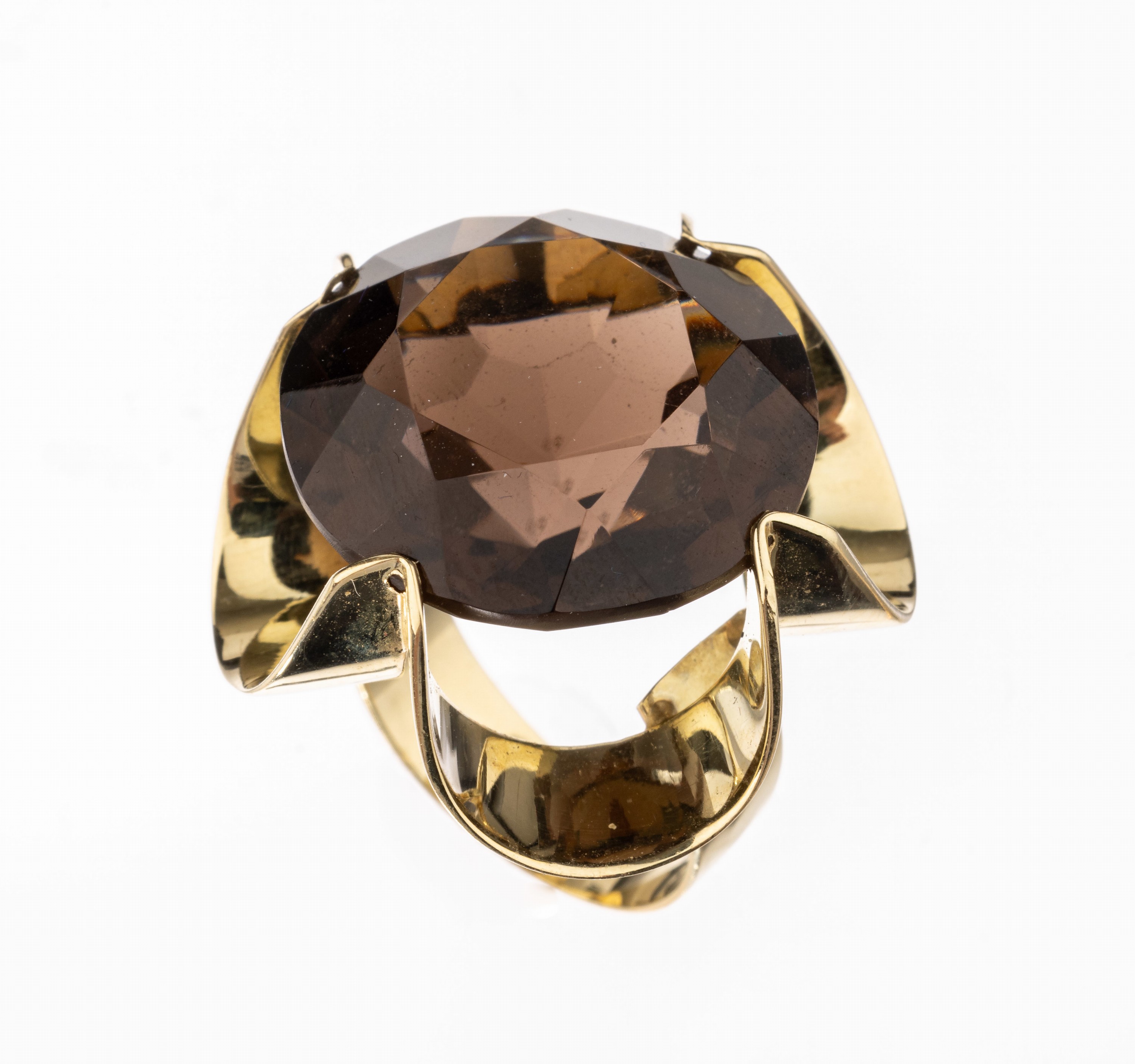 14 kt Gold Rauchquarz-Ring, GG 585/000, abstrakte Blüte, rundfacett. Rauchquarz ca. 25.0 ct, RW 50, ca. 12.2 g