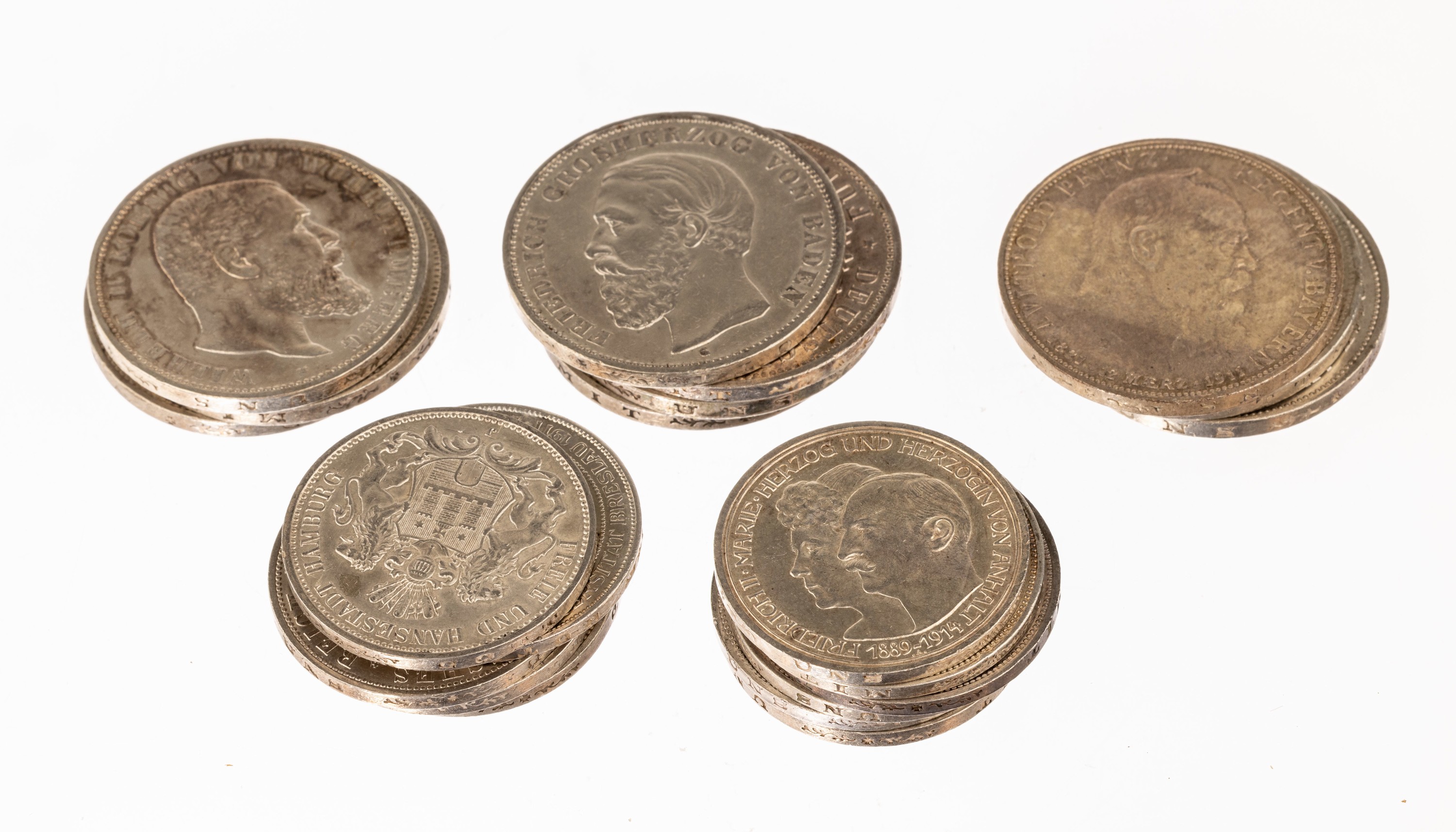 Konvolut 22 Silbermünzen Deutsches Reich, Württemberg 3 Mark: 1908, 2 x 1910, 1911, 1914 / 5 Mark: 2 x 1899, 2 x 1902, 1903, / 3 Mark 1911 ...