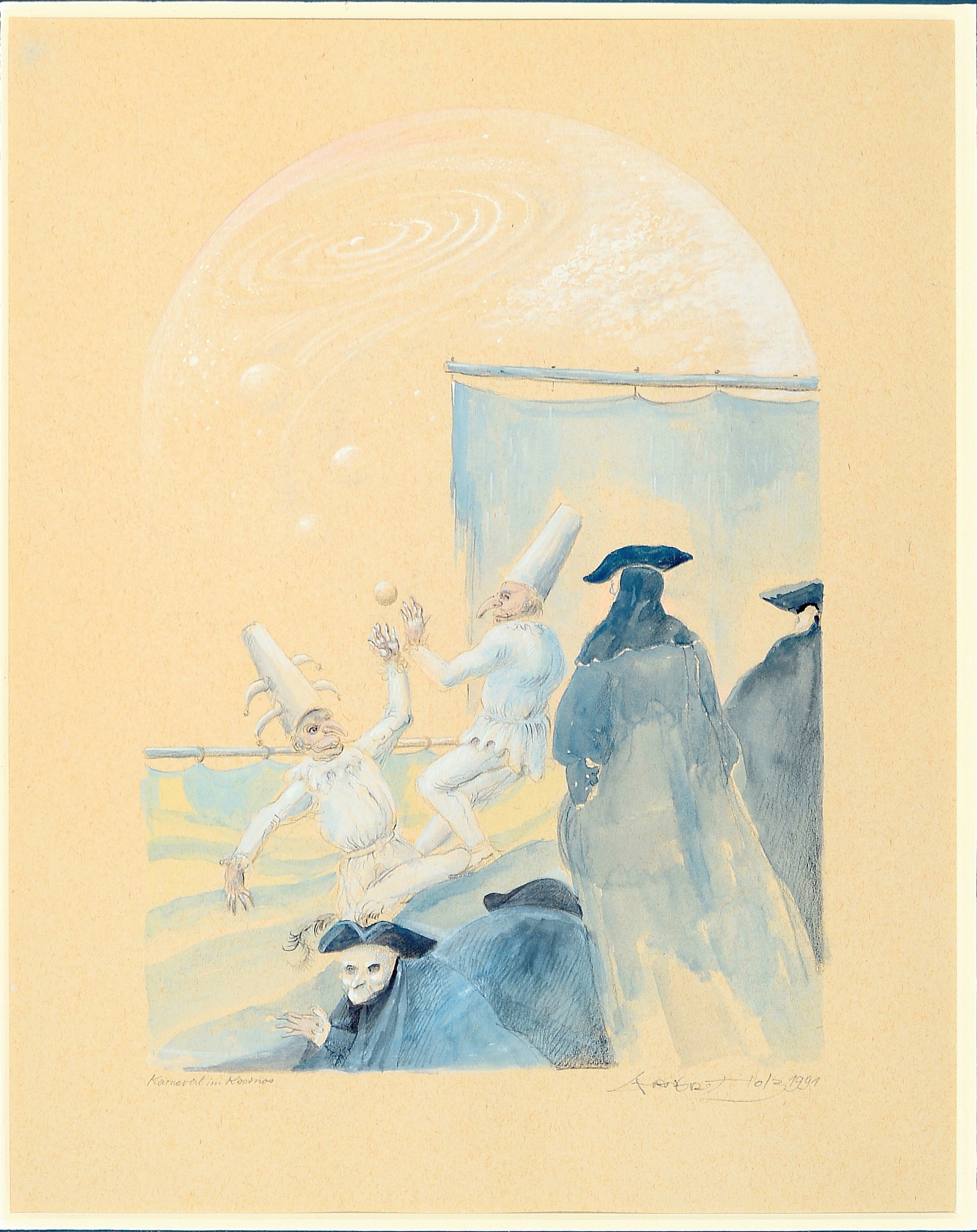 Werner Holz, 1948 Grünstadt-1991 Ludwigshafen , Aquarell, "Karneval im Kosmos", phantastische Figurenkomposition mit Gaucklern betitelt, ...