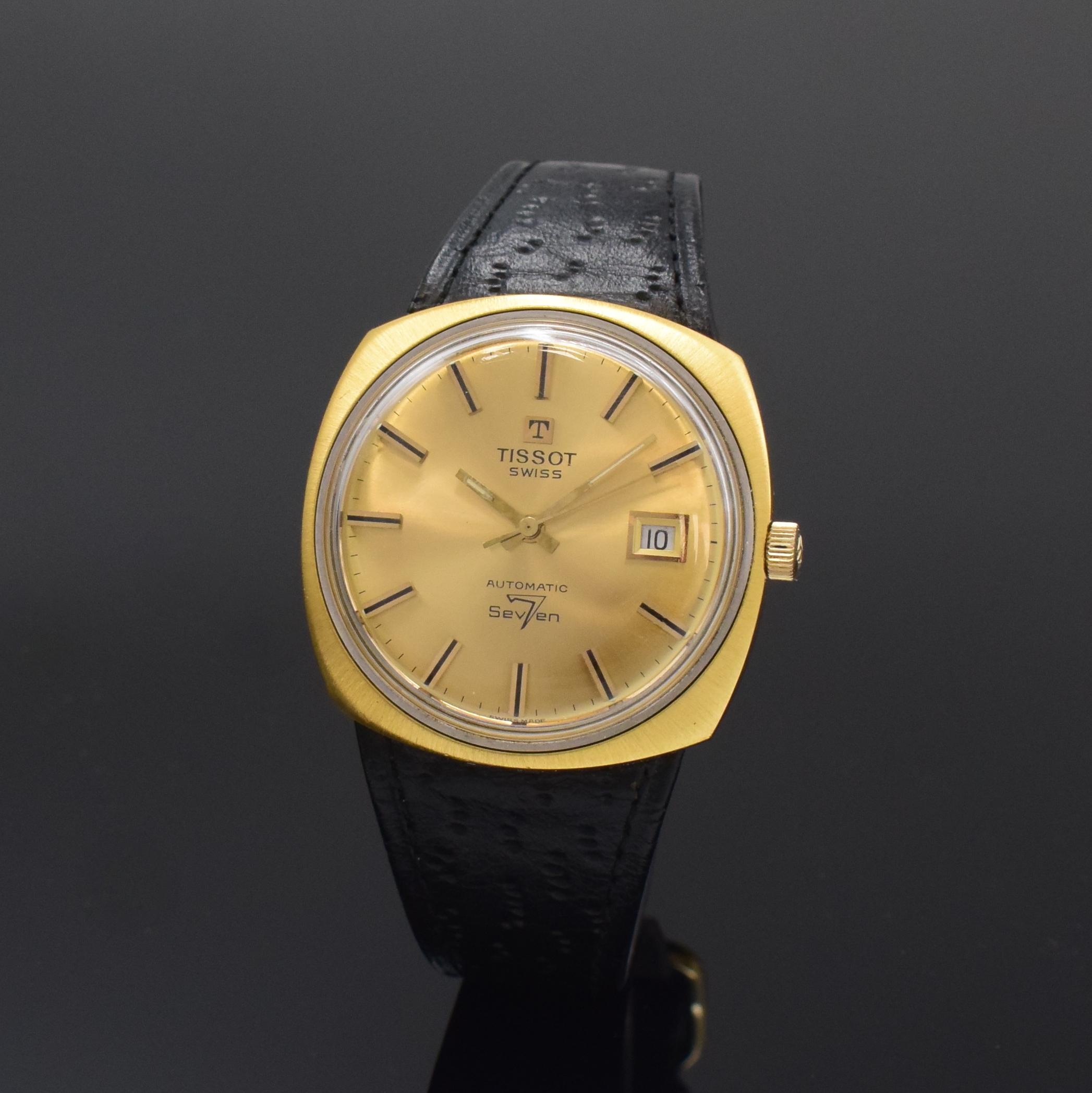 TISSOT Herrenarmbanduhr Serie Seven, Automatik, Schweiz um 1970, verg. Einschalengeh. inkl. orig. Tissot Lederband m. Dornschl., verg. Zifferbl. m. ...