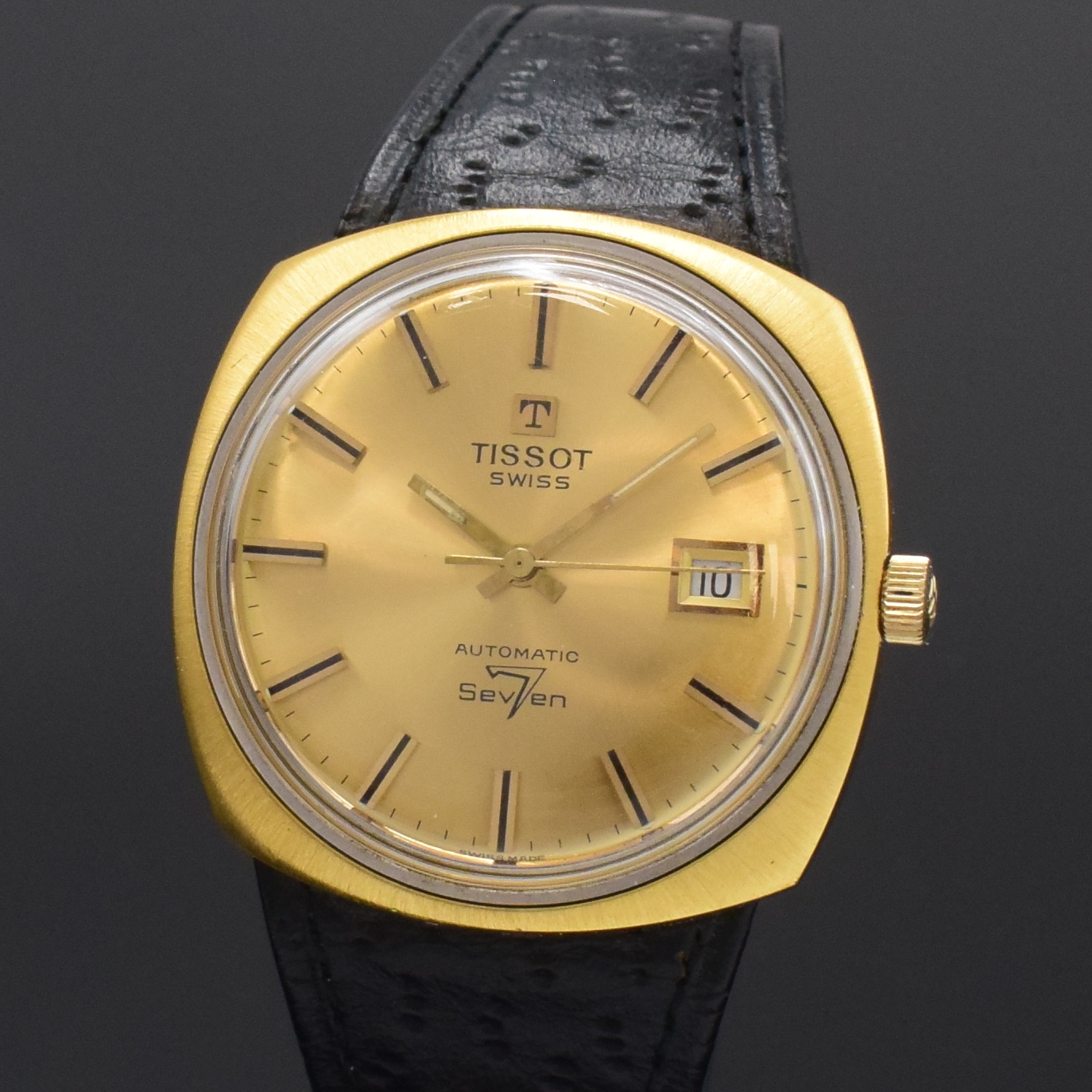 Detail a: TISSOT Herrenarmbanduhr Serie Seven, Automatik, Schweiz um 1970, verg. Einschalengeh. inkl. orig. Tissot Lederband m. Dornschl., verg. Zifferbl. m. ...