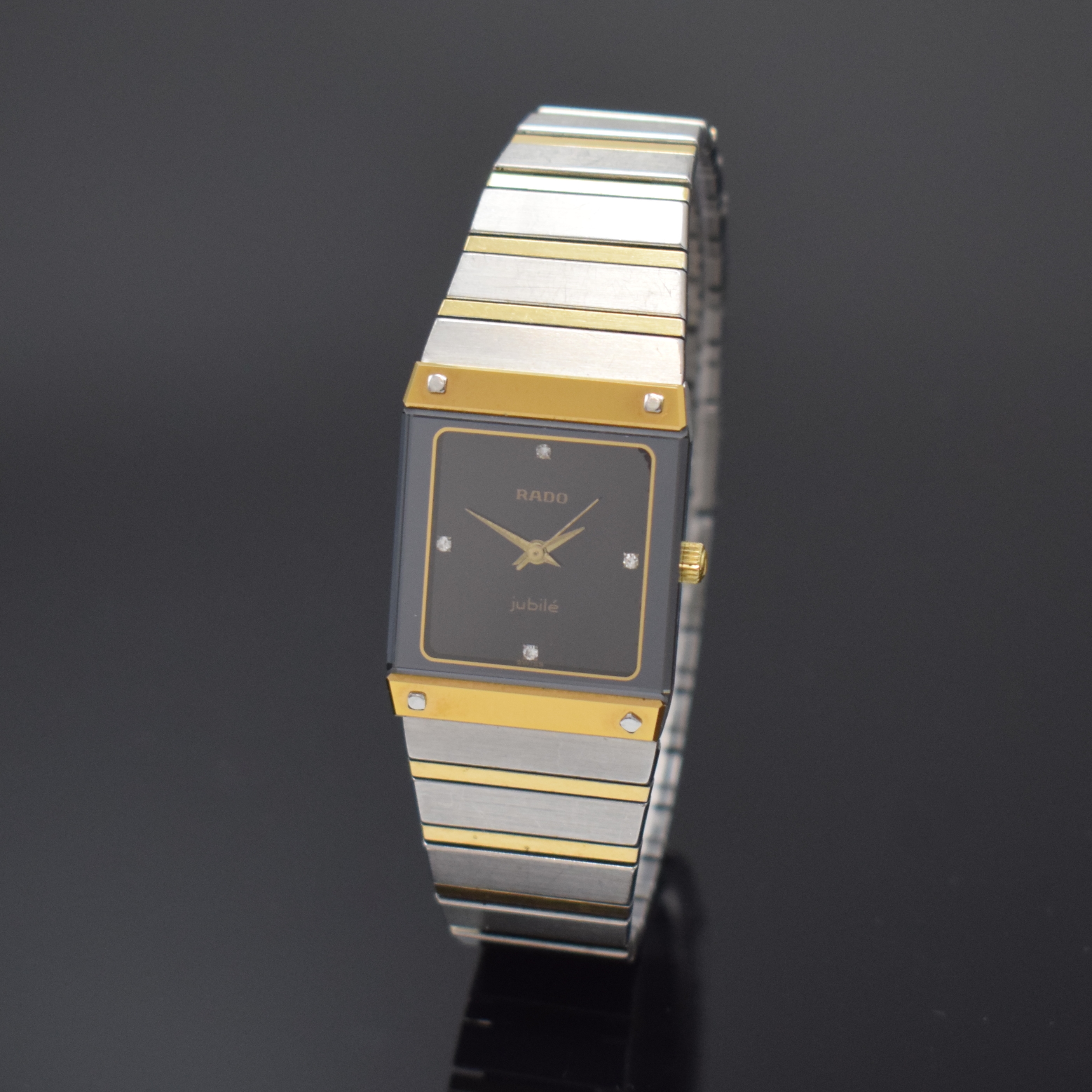 RADO Jubile Damenarmbanduhr in Stahl/Gold Referenz 110.0197.3, Schweiz um 2000, quarz, orig. Gliederband, Boden aufgedr., schwarzes Zifferbl. m. 4 ...