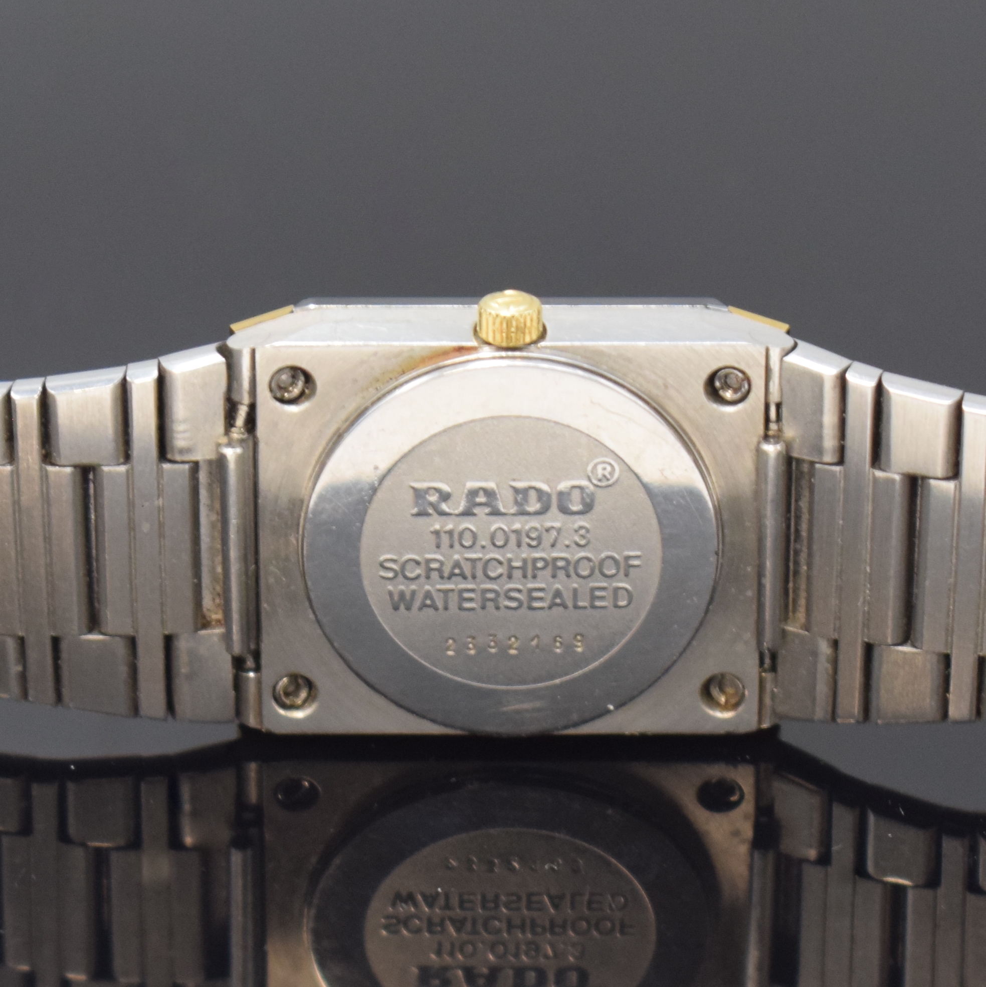 Detail d: RADO Jubile Damenarmbanduhr in Stahl/Gold Referenz 110.0197.3, Schweiz um 2000, quarz, orig. Gliederband, Boden aufgedr., schwarzes Zifferbl. m. 4 ...