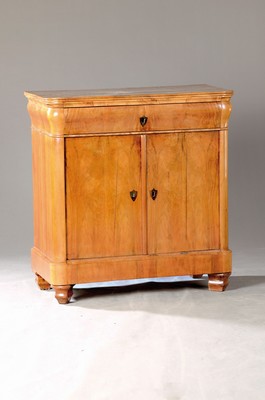 Image 26766669 - Biedermeier chest of drawers, around 1830, walnut veneer, two doors, blackened key sockets, one drawer, approx. 89 x 84 x 45 cm, condition 2-3