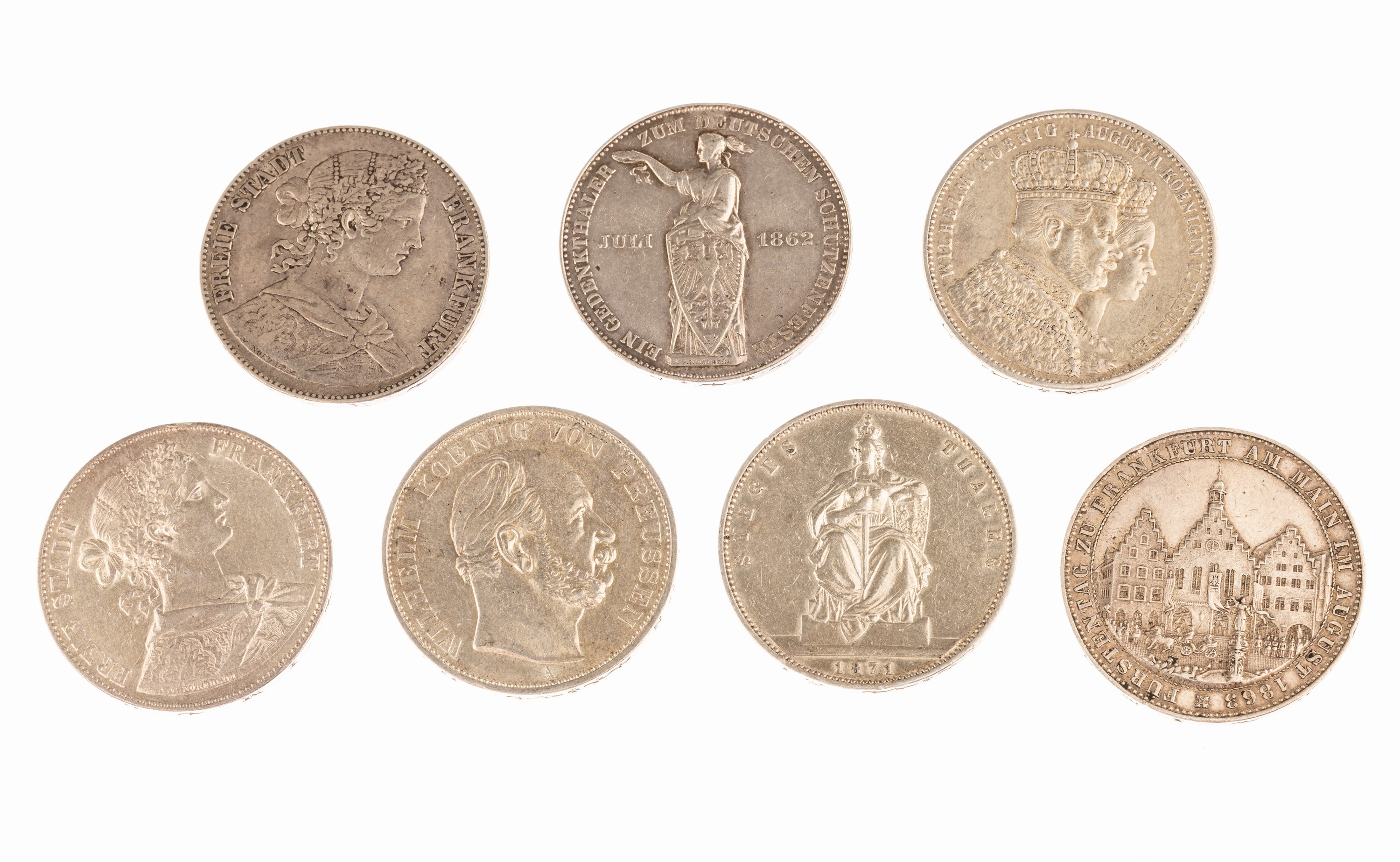 Konvolut 7 Münzen Deutsches Reich, Preussen: Krönungstaler 1861, 2 x Siegestaler 1871; Frankfurt: Gedenktaler 1863, 2 x Vereinstaler 1860, Taler ...