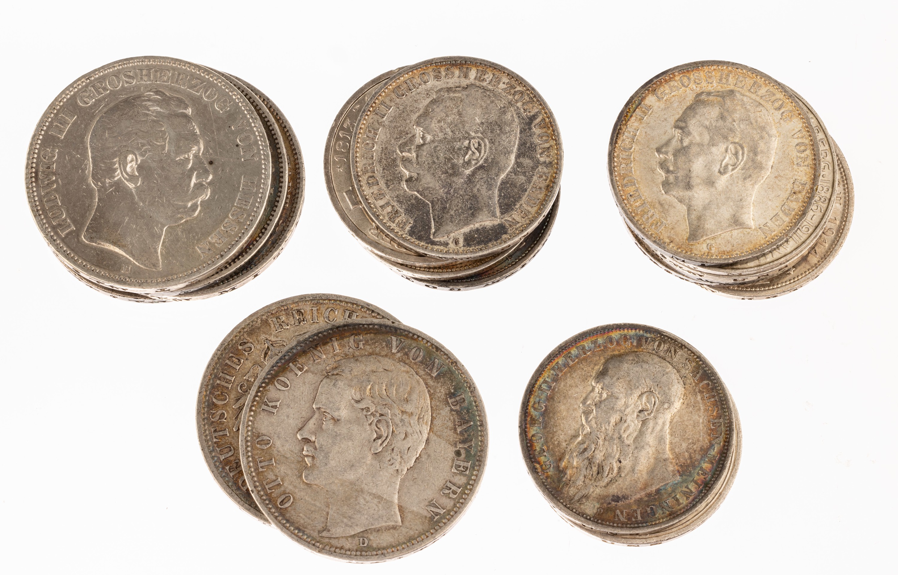 Konvolut 18 Silbermünzen, Deutsches Reich: 6 x 5 Mark: 3 x Otto Koenig von Bayern 1904, 1907 und 1908, 2 x Freie und Hansestadt Hamburg 1876 und ...