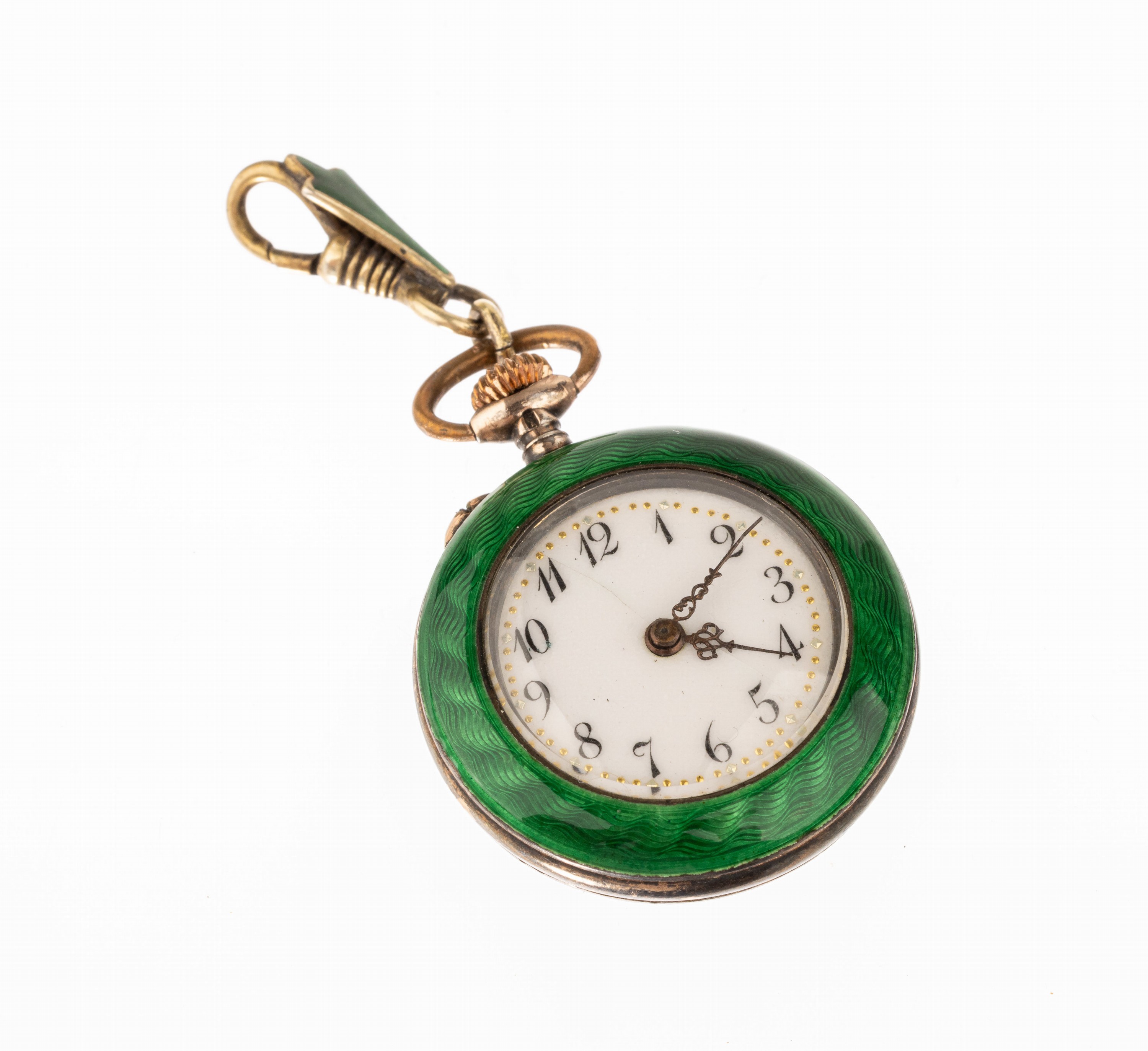Damentaschenuhr mit Email, um 1900, Silber,Rückseite und Umrandung der Vorderseite grün emaill., Grund guill., Emailzifferbl. rissig, Goldpique, ...