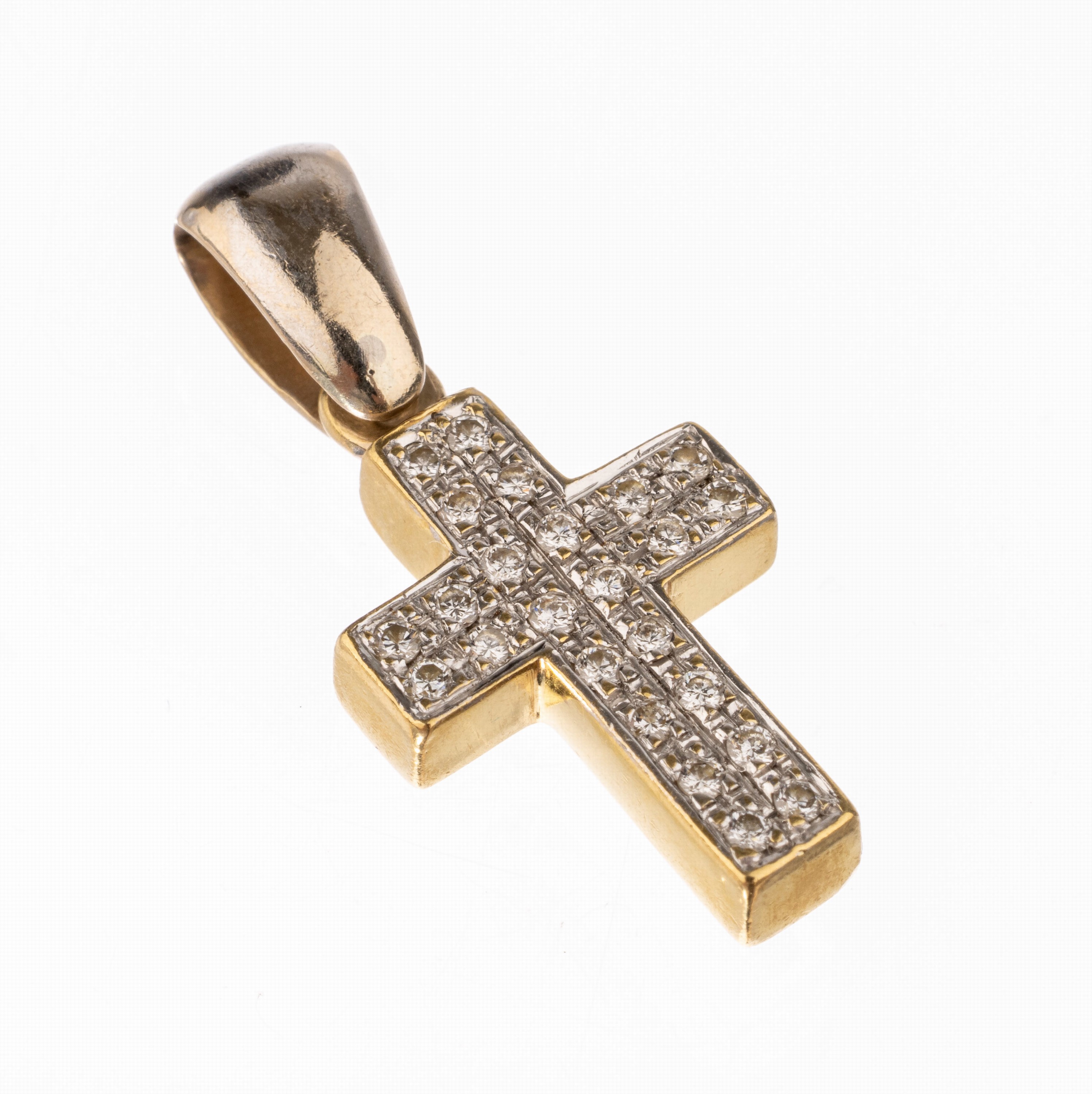 18 kt Gold Brillant-Kreuzanhänger, GG/WG 750/000, Brillanten zus. ca. 0.35 ct feines Weiß-Weiß/vs-si, L. ca. 2.5 cm, ca. 3.6g