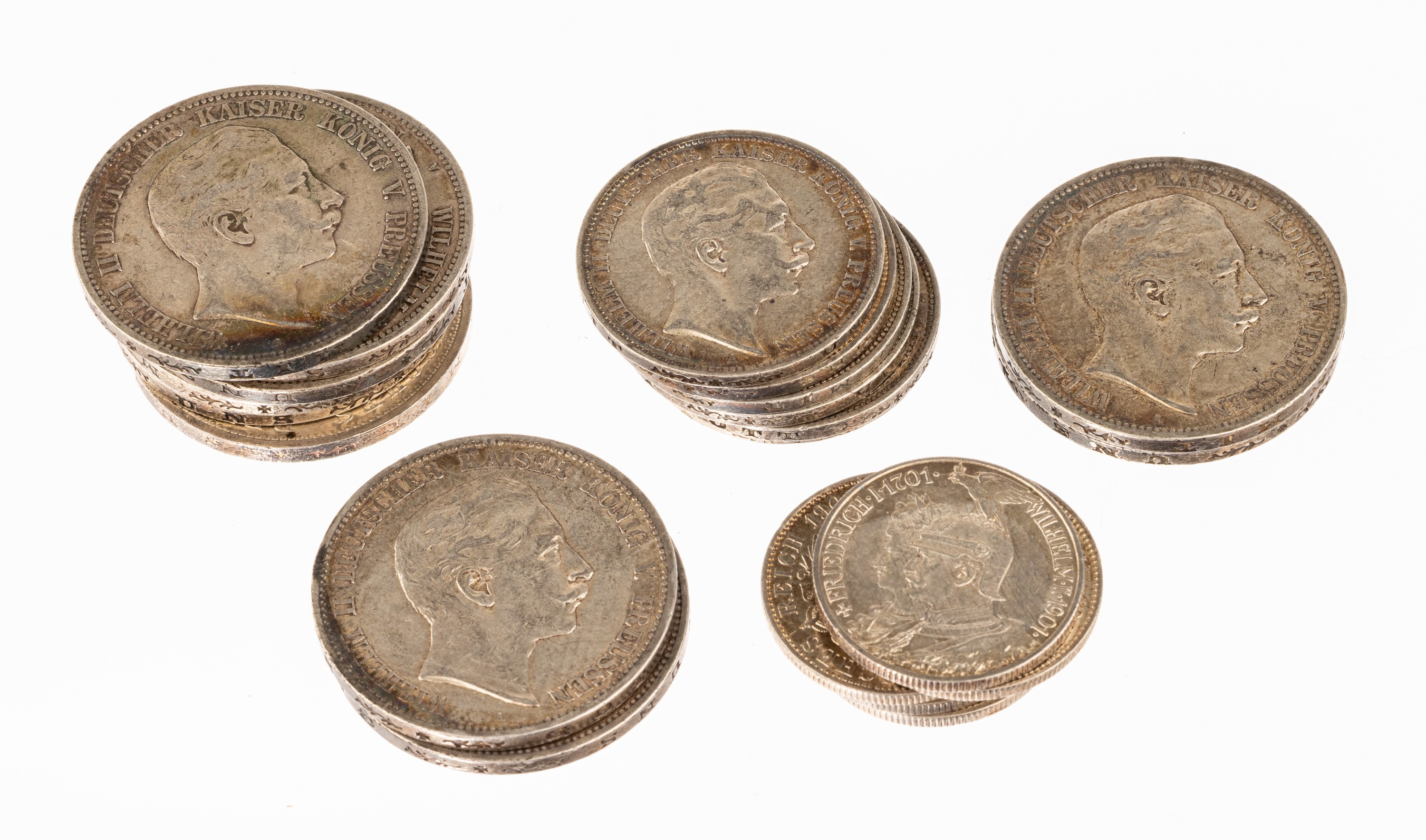 Konvolut 21 Silbermünzen, Deutsches Reich: 10 x 5 Mark: 7 x Wilhelm II Deutscher Kaiser König von Preußen 1900, 1901, 1902, 2 x 1903 und 2 x ...
