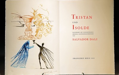 Image 26767976 - Salvador Dali, 1904-1989 Figueras, Tristan and Isolde, cycle of 21 drypoint etchings on Velin de Rives, num. 51/125, 20 hand-monogrammed etchings and hand-signed title page, sheet size. approx. 55x33cm, German-language text on the drama Tristan and Isolde by Lawrence Lacina, red linen folder. Linen cassette in book form, good condition