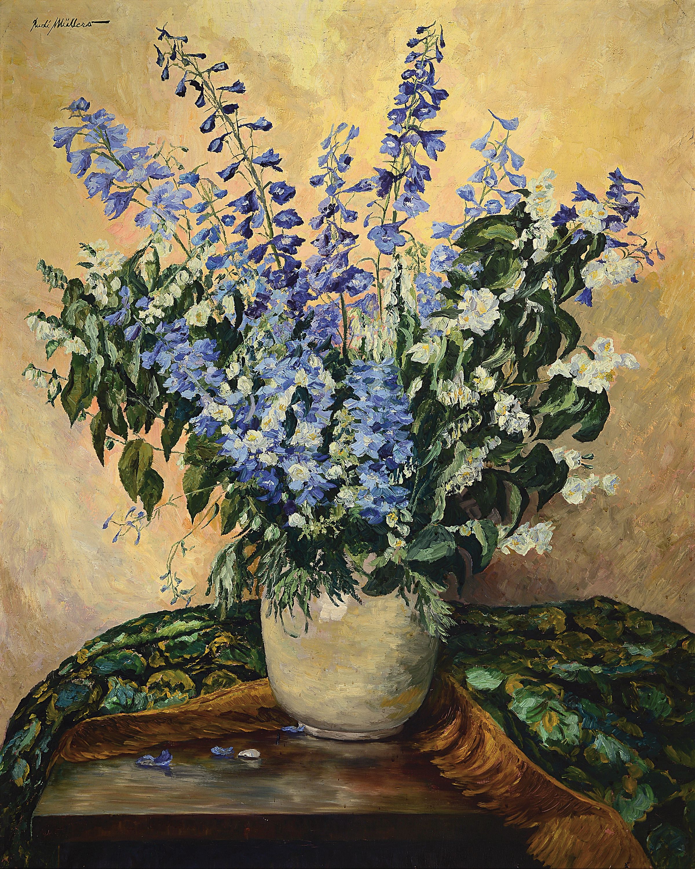 Rudi Müllers, 1895 München-1972 Heidelberg, Großes Blumenstillleben mit Rittersporn und Löwenmäulchen, Öl/Lwd, cremig pastoser Farbauftrag, ...