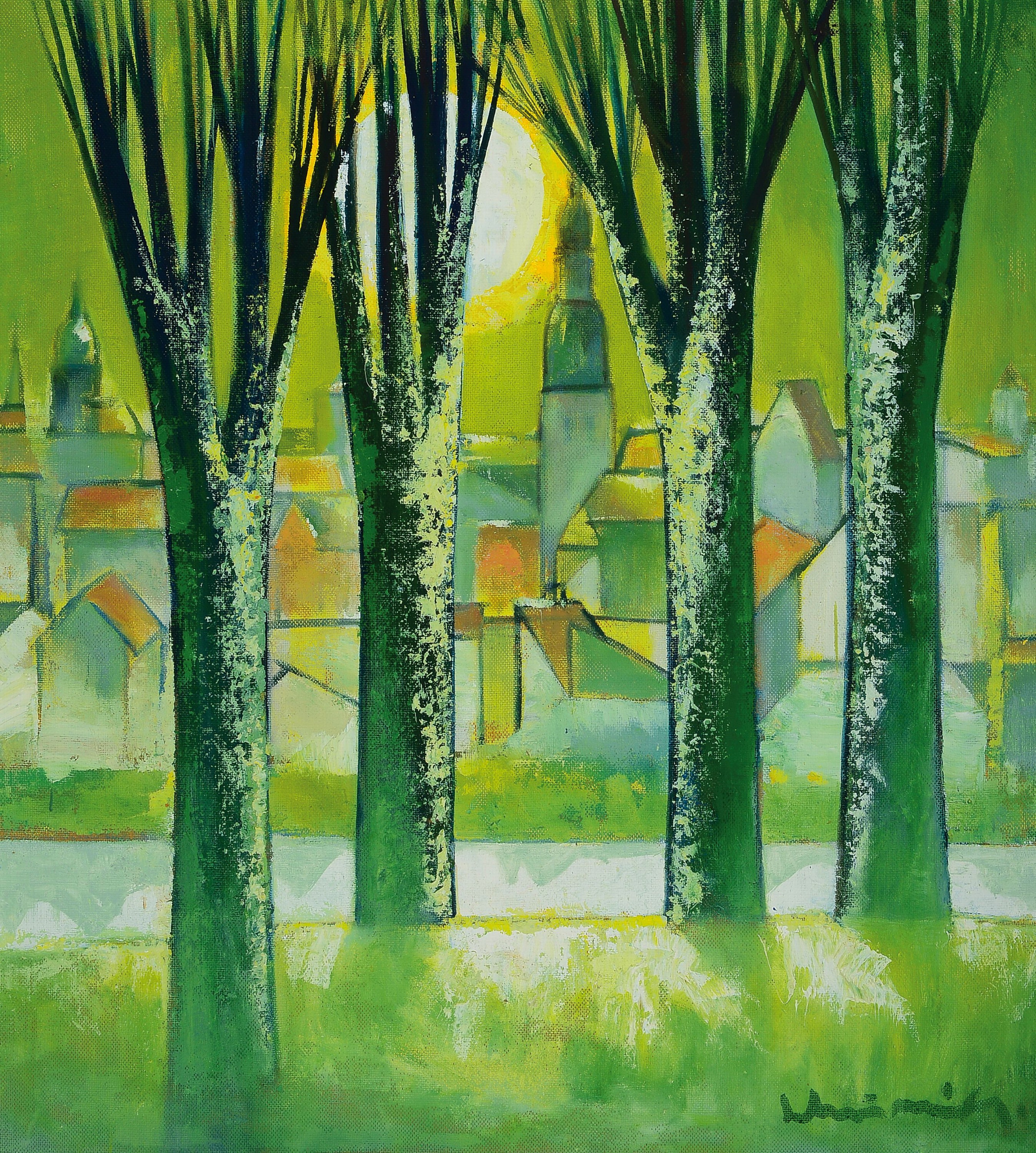 Laimdots Murnieks, 1922-2011 Lettland, Häuser hinter Bäumen, Öl/Hartfaser, rechts unten signiert, ca. 90x83.5cm, rückseitig datiert 92, betitelt ...