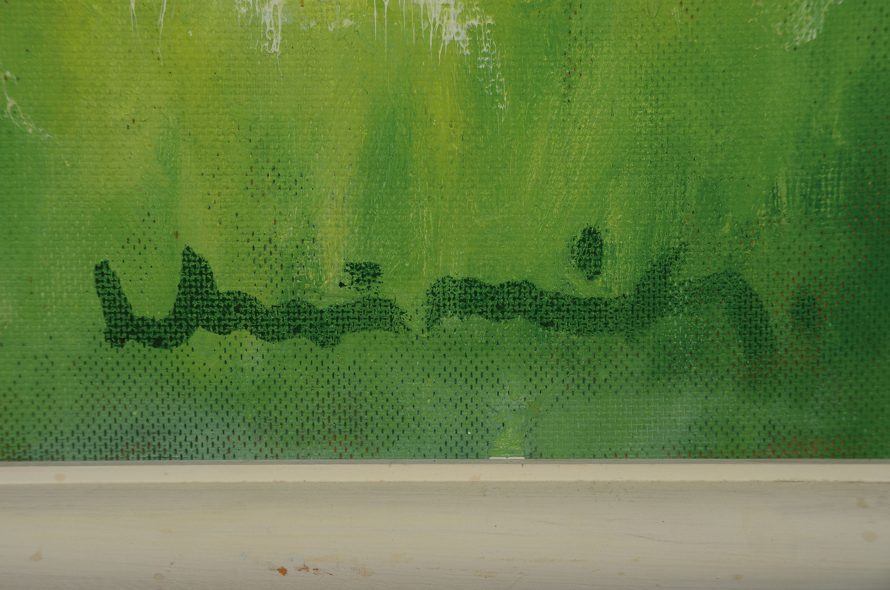 Detail a: Laimdots Murnieks, 1922-2011 Lettland, Häuser hinter Bäumen, Öl/Hartfaser, rechts unten signiert, ca. 90x83.5cm, rückseitig datiert 92, betitelt ...