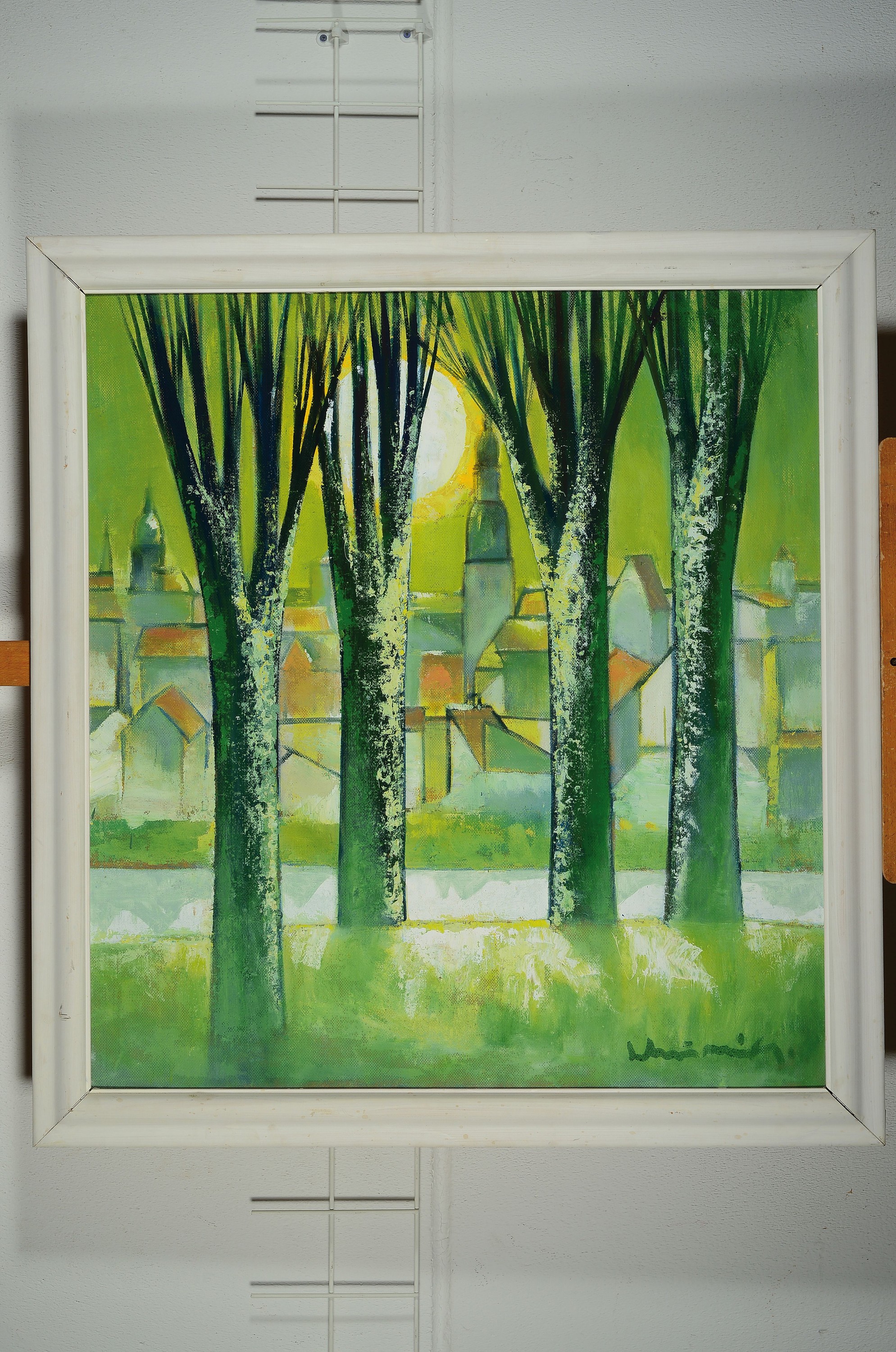 Detail k: Laimdots Murnieks, 1922-2011 Lettland, Häuser hinter Bäumen, Öl/Hartfaser, rechts unten signiert, ca. 90x83.5cm, rückseitig datiert 92, betitelt ...