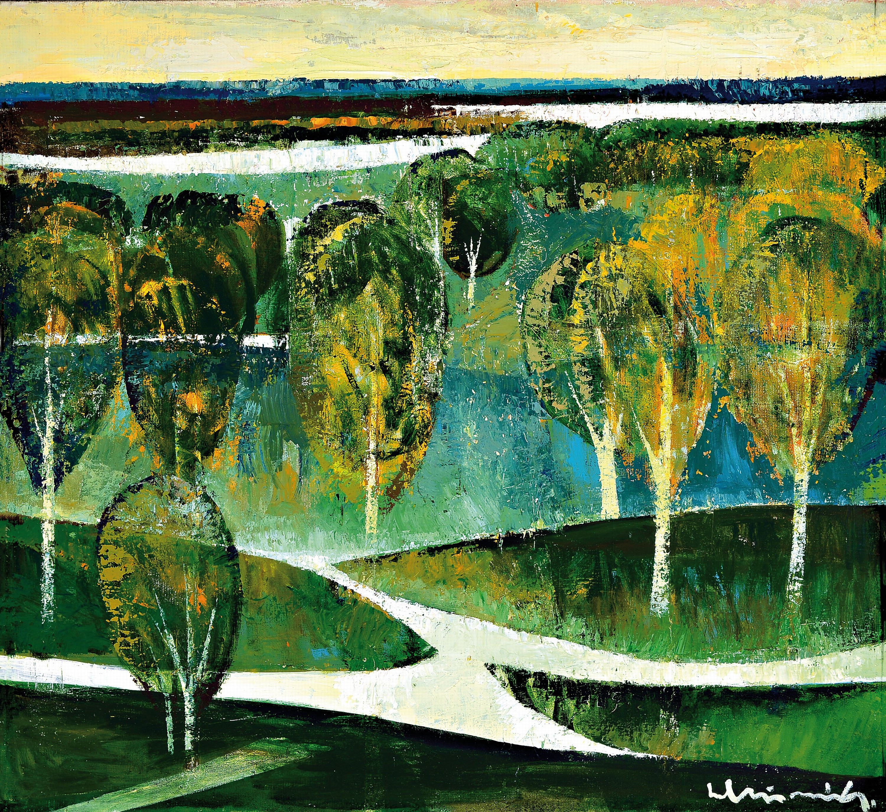 Laimdota Murnieks, 1922-2011 Lettland, Landschaft mit Bäumen, Öl/Lwd, rechts unten signiert, ca. 100x92cm, R., Studium an der lettischen ...