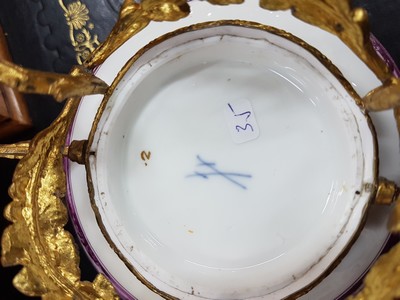 26768048h - Magnificent bowl on a bronze stand, Meissen, painting probably Bonaventura Gottlieb Häuer, around 1745/50, porcelain, camaieu painting in purple, pastoral landscape all around, inside base with picture cartouche, masterly depth perspective, gold edges, gold-plated bronze fittings, mouth edge restored, D. 15.5 cm, slight traces of age