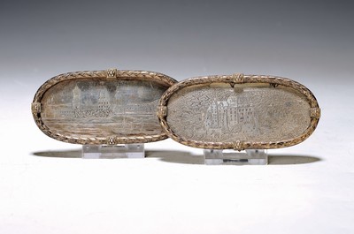 Image 26768064 - Pair of silver plaques, German, 18th/19th century Century, silver, engraved and chased, depiction of Eltz Castle and the city skyline on the Rhine, framed with a laurel wreath, each 5x10.5 cm, 110g