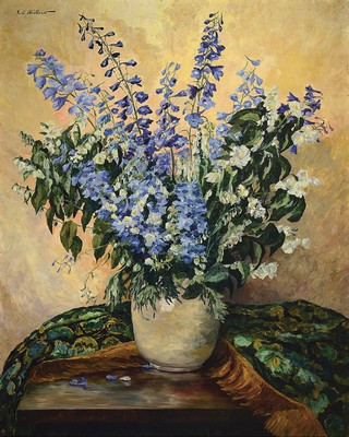 Image 26768085 - Rudi Müllers, 1895 Munich-1972 Heidelberg, large floral still life with delphiniums and snapdragons, oil/canvas, creamy impasto paint application, signed top left, approx. 134x109 cm, studied at the Munich and Leipzig academies
