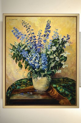 26768085k - Rudi Müllers, 1895 Munich-1972 Heidelberg, large floral still life with delphiniums and snapdragons, oil/canvas, creamy impasto paint application, signed top left, approx. 134x109 cm, studied at the Munich and Leipzig academies