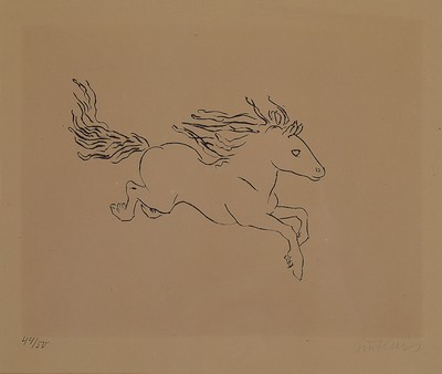 Image 26768087 - Rene Sintenis, 1888 Glatz/Silesia-1965 Berlin,3 etchings, animal depictions, jumping horse Ed. 44/50 , dog in basket, donkey, each handsigned, framed under glass, 33x36-43x34 cm