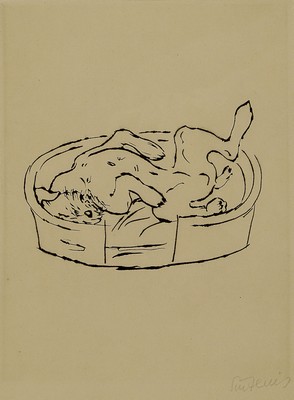 26768087a - Rene Sintenis, 1888 Glatz/Silesia-1965 Berlin,3 etchings, animal depictions, jumping horse Ed. 44/50 , dog in basket, donkey, each handsigned, framed under glass, 33x36-43x34 cm