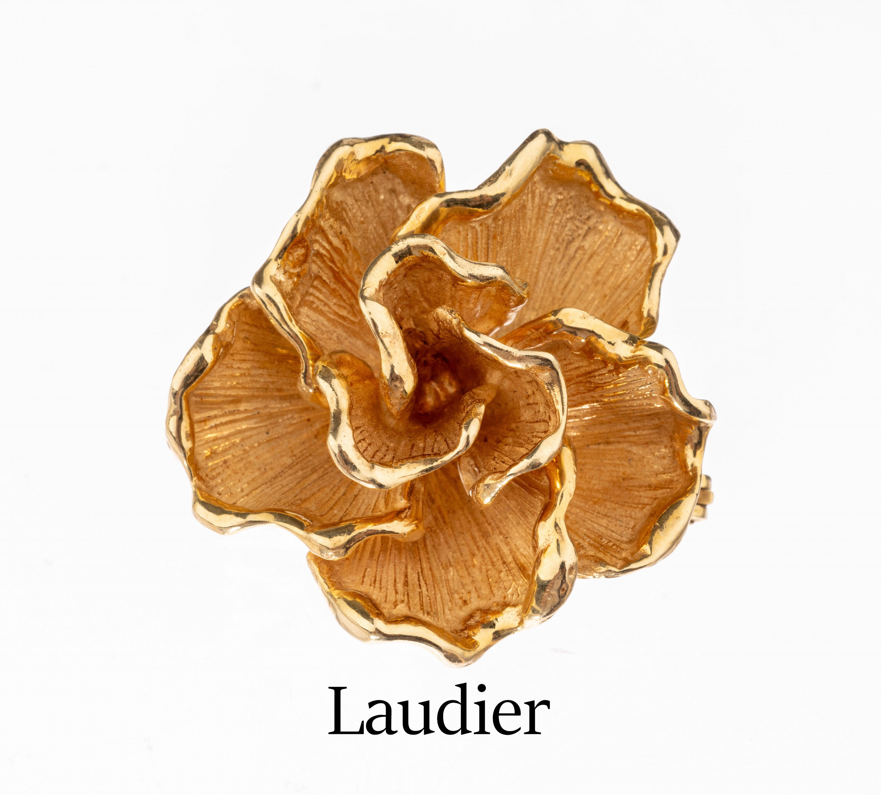 14 kt Gold LAUDIER Brosche, GG 585/000, Darstellung einer Blüte, part. sat., ca. 3 x 3cm, ca. 11.8 g, Hersteller Georg Lauer für Laudier