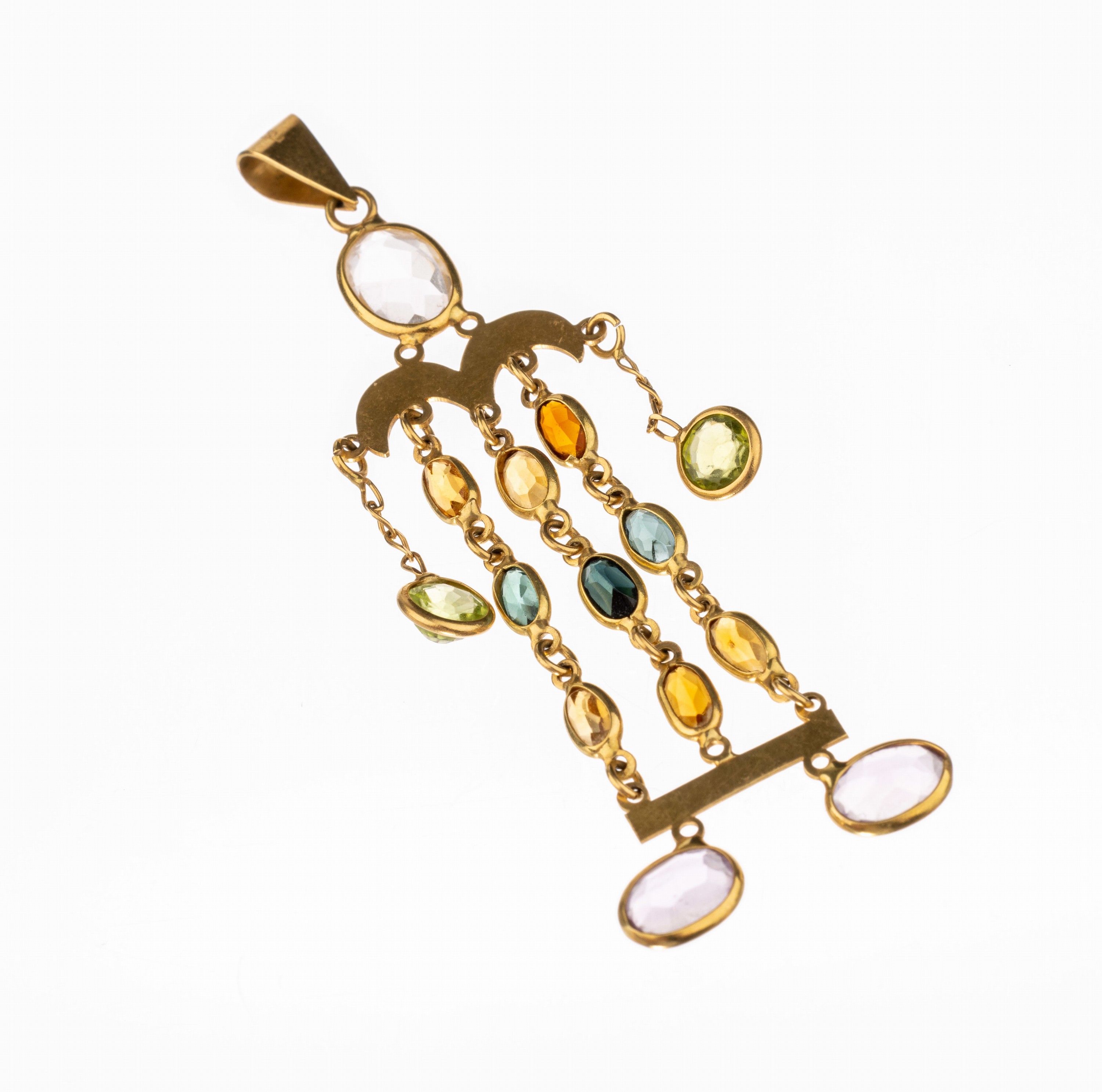 18 kt Gold Farbstein-Anhänger, GG 750/000, Darstellung eines Hampelmanns, in sich bewegl.gearbeitet, 14 rund- und ovalfacett. Farbsteine, u.a. ...