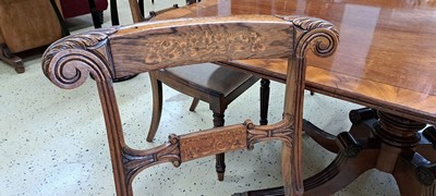 26768280e - Table and seating group of 6 chairs, England, around 1840, solid mahogany table, rosewood chairs with elaborate inlays made of various precious woods, folding table, base with baluster column, shipping only within the EU, approx. 73x152x102cm, cm, H. approx. 85cm, Sh. approx. 46 cm, condition 2
