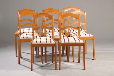 Image 26768286 - 8 Biedermeier chairs, around 1840, solid beech, seat upholstered and covered, upholstery fabric partly damaged, height approx. 93 cm, sh. approx. 46 cm, condition 3