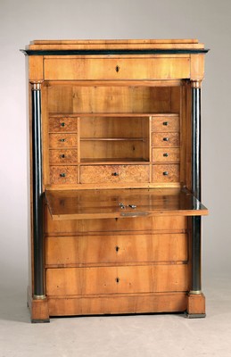 Image 26768287 - Biedermeier secretary, around 1820, walnut veneer 4 drawers, ebonized full columns, interior division with 9 drawers and free compartment behind slanted flap, approx. 167 x 107 x 53 cm, condition 2