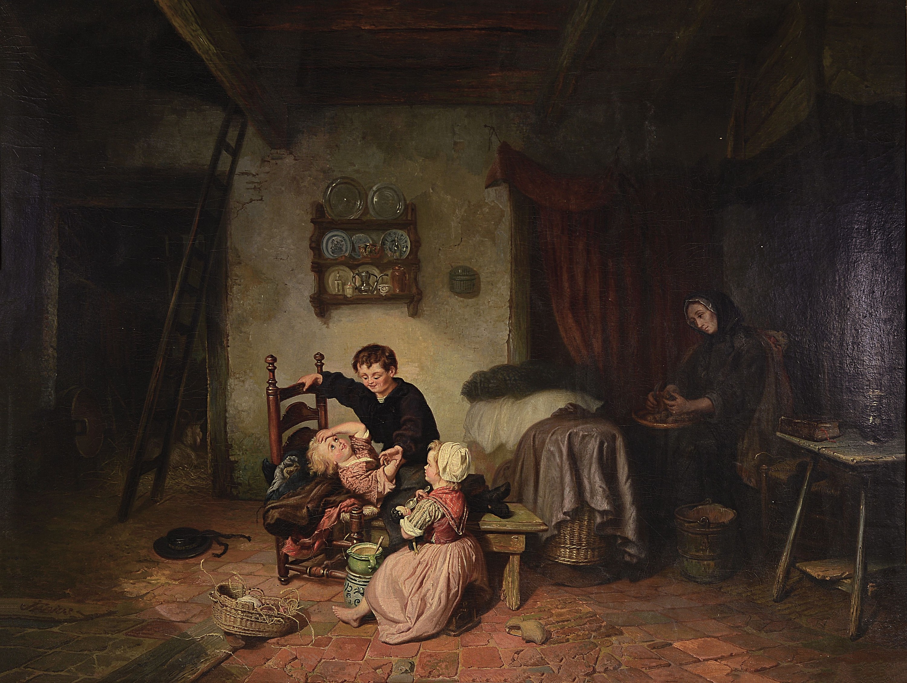 Jan Fabius, 1820 Delft-1889 Amsterdam, bäuerliches Interieur mit raufenden Kindern, die Mutter im Hintergrund beim Hausarbeiten, detaillierte ...