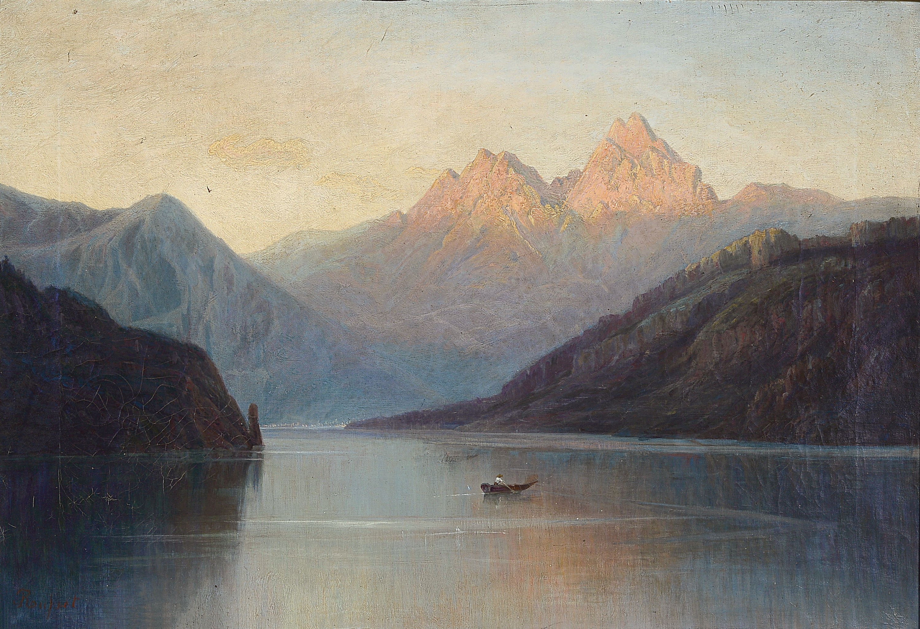 Rou (o.ä.), schweizer Maler des 19.Jh., Ansicht wohl des Zürichsee, romantisierende Darstellung im Abendrot, links unten signiert in rot, Öl/Lwd, ...