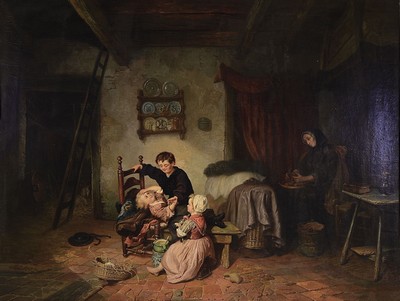 Image 26768306 - Jan Fabius, 1820 Delft-1889 Amsterdam, rural interior with fighting children, the mother inthe background doing housework, detailed description of the Dutch household, stage-likecomposition, signed lower left, oil/canvas, 80x100 cm, old artist's label and old auction label on the reverse Pohl Hamburg, classicist pomp frame 99x123 cm (min. order)