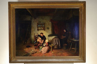 26768306k - Jan Fabius, 1820 Delft-1889 Amsterdam, rural interior with fighting children, the mother inthe background doing housework, detailed description of the Dutch household, stage-likecomposition, signed lower left, oil/canvas, 80x100 cm, old artist's label and old auction label on the reverse Pohl Hamburg, classicist pomp frame 99x123 cm (min. order)